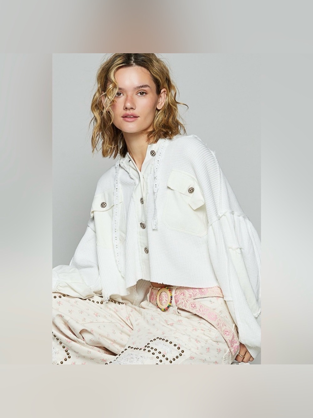 POL Waffle Knit Hooded Button-Up ~ White